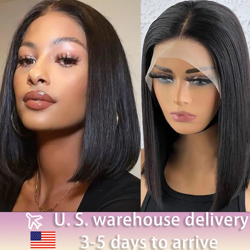 180% Density Straight Bob Frontal Wigs 13X4 Lace Frontal Bob Wig Human Hair Glueless Pre Plucked with Baby Hair Natural Black