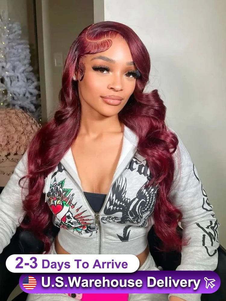 34 36 38 Inch Body Wave Wig Burgundy 99J Lace Front Wig 13x5 13x6 HD Lace Frontal Wig Human Hair Pre Plucked 99j Red Colored Wig