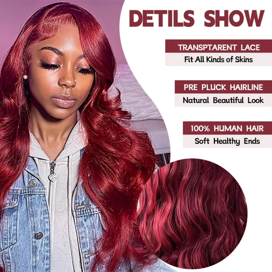 Burgundy Body Wave 99J 13x6 HD Lace Frontal Brazilian Pre-Plucked Colored Wig 13x4 HD Lace Red Remy Human Hair Wig for Women