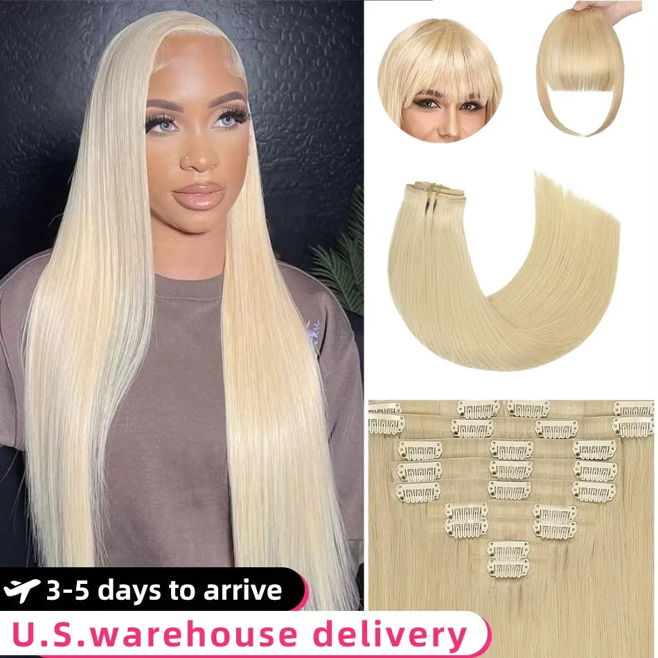 10Pcs Clip In Hair Extensions 100% Real Human Hair 613 Blonde Colored Straight Clip In Hair 140G/Set Deals Clearance Sale