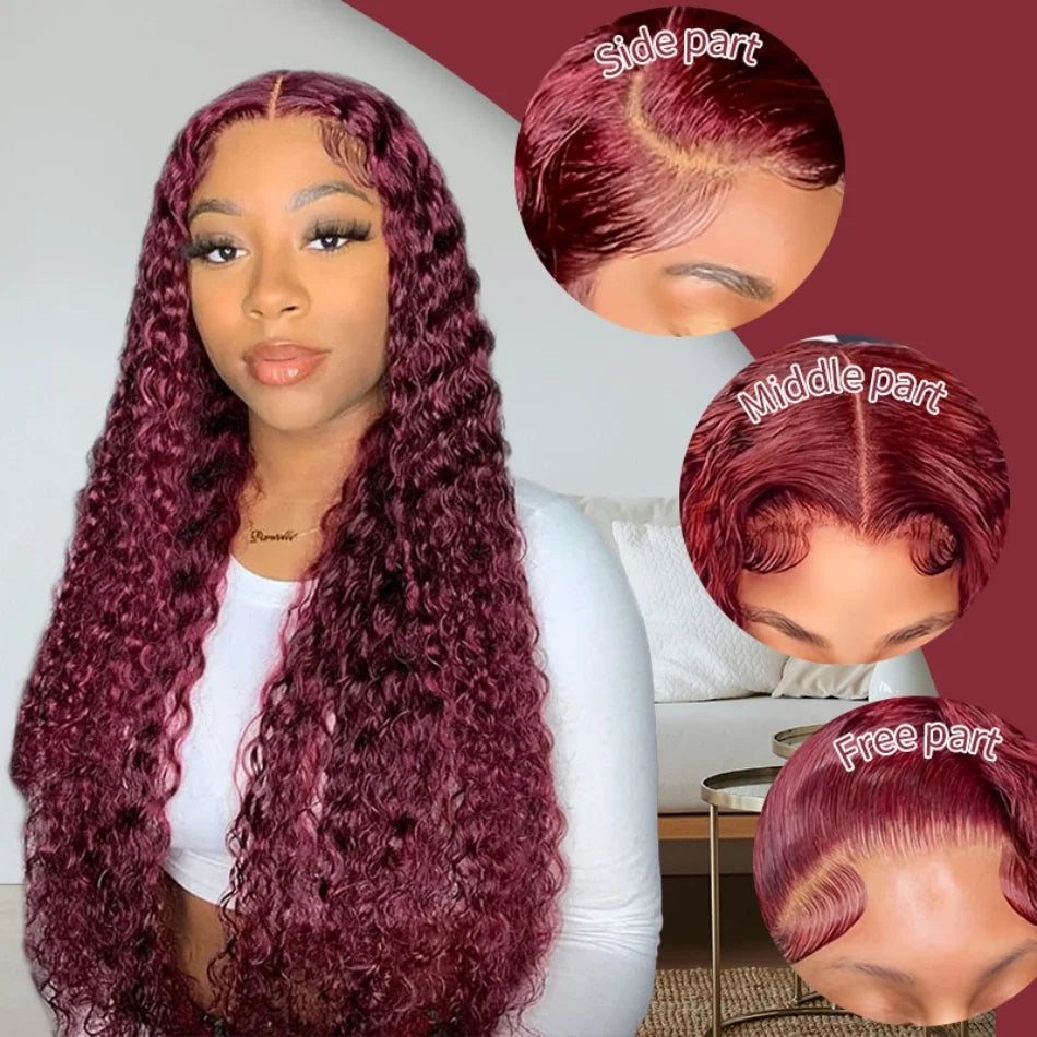 200 Density Burgundy 13x4 13x6 Hd Lace Frontal Red Remy Wig 100% Water Wave Curly Human Hair Pre Plucked Brazilian Colored Wigs