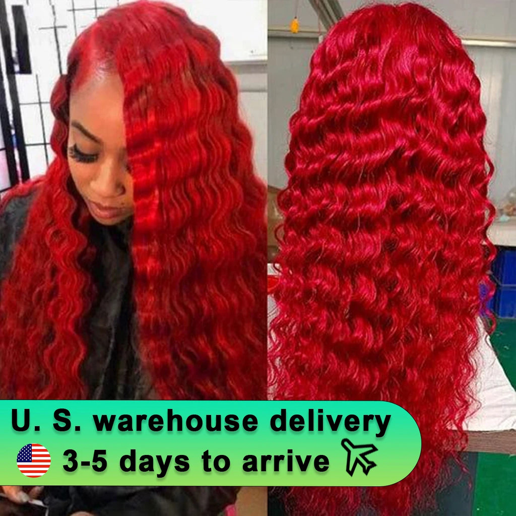 Red 13x4 Lace Frontal Wig 38 Inch Long Deep Wave Pre Plucked with Baby Hair Glueless Transparent Lace Hot Red Color Human Hair
