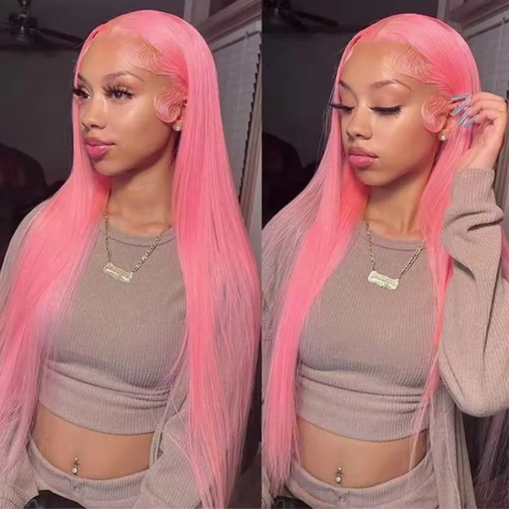 Pink Straight 13X4 Transparent Lace Frontal Wigs Brazilian 250% Lace Front Wig Colored Human Hair Wigs For Women Pre Plucked