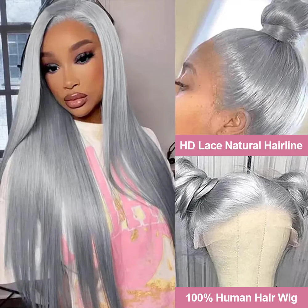 40 Inch Silver Grey Colored Straight Lace Front Human Hair Wigs HD Transparent 13x6 13x4 Lace Frontal Wigs For Women Pre Plucked