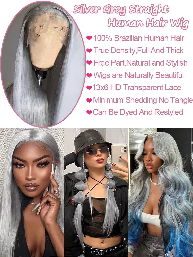 30 36 Inch Silver Grey Straight Lace Front Wig 100% Human Hair Colored HD Transparent Lace Frontal Wigs for Women Pre Plucked