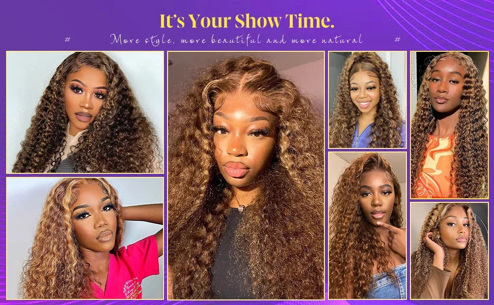 250 Density Curly Highlight 13x6 Lace Frontal Wig Human Hair 40 Inch 4/27 Ombre Deep Wave Wigs 13x4 Transparent Lace Frontl Wig