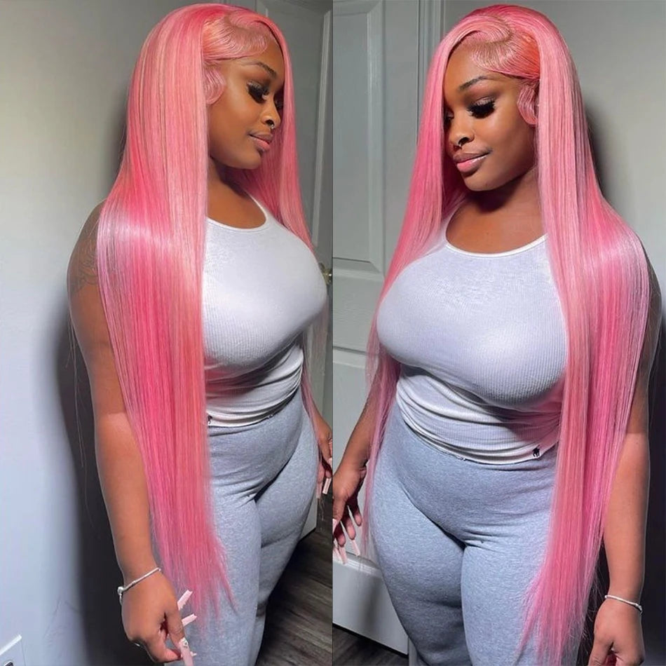 Light Pink 13X6 Straight HD Transparent Lace Frontal Wig 36 Inch 13X4 Long Brazilian 100% Colored Human Hair Wig for Black Women