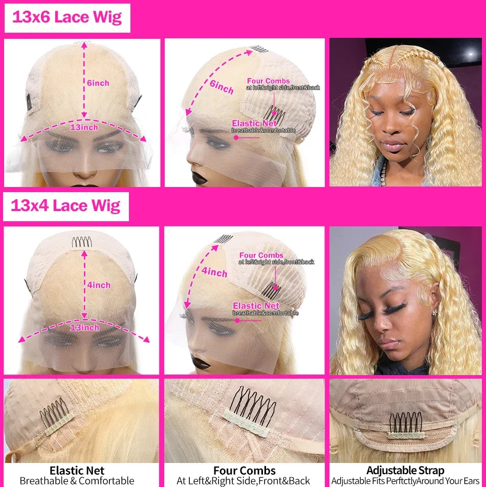 40 inch Curly 613 Honey Blonde Lace Front Human Hair Wigs Loose Deep Wave 13x6 HD Water Wave Color Transparent Lace Frontal Wig