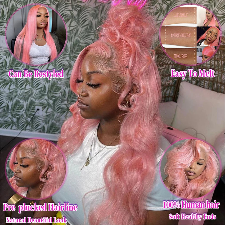 200 Density Light Pink 13X6 Body Wave hd Transparent Lace Frontal Wig 13X4 Loose Wave 100% Colored Human Hair Wigs for Women
