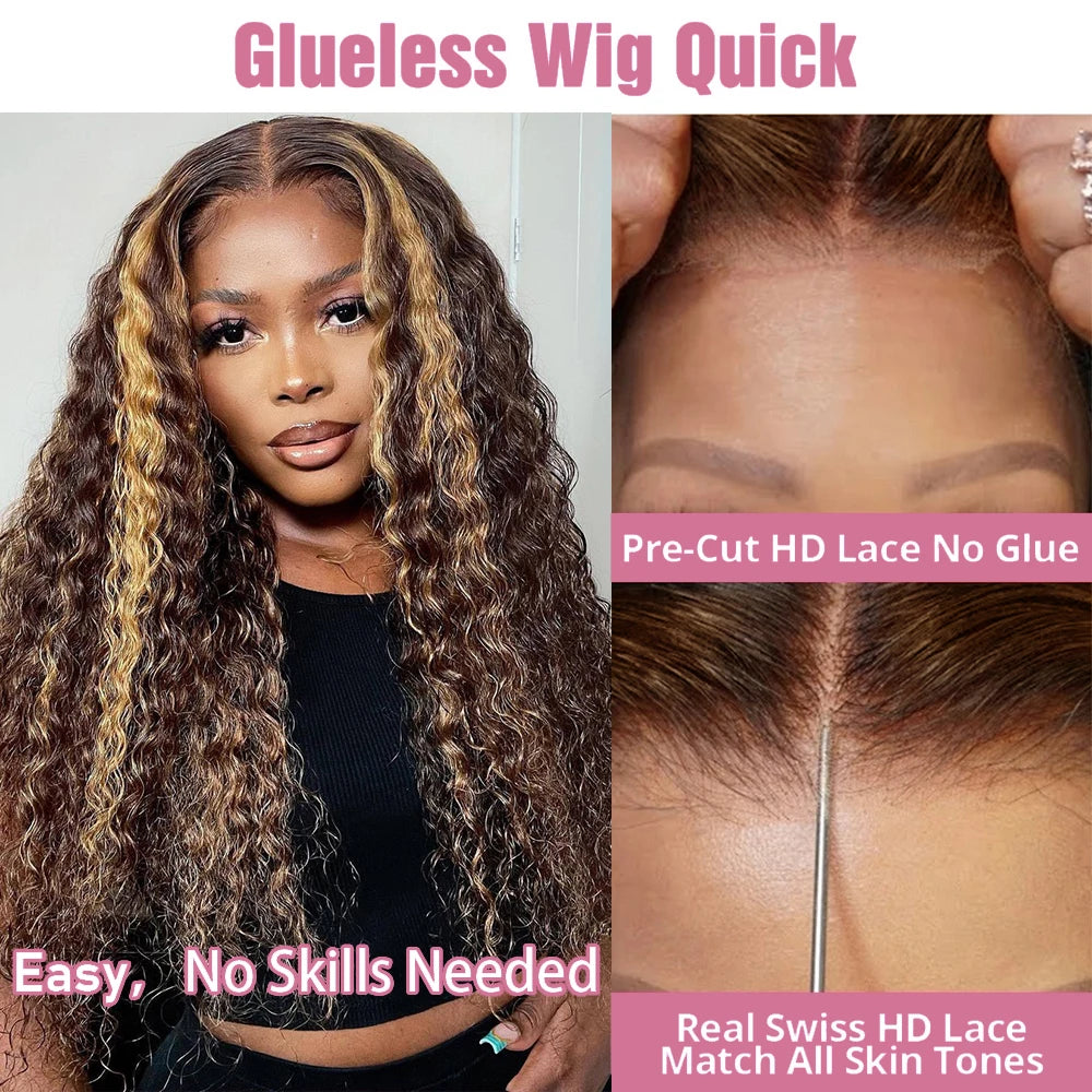 40 Inch Curly Highlight Ombre 13x4 Glueless Wigs Human Hair Brazilian Honey Blonde Colored Deep Wave Frontal Wigs For Women 250%