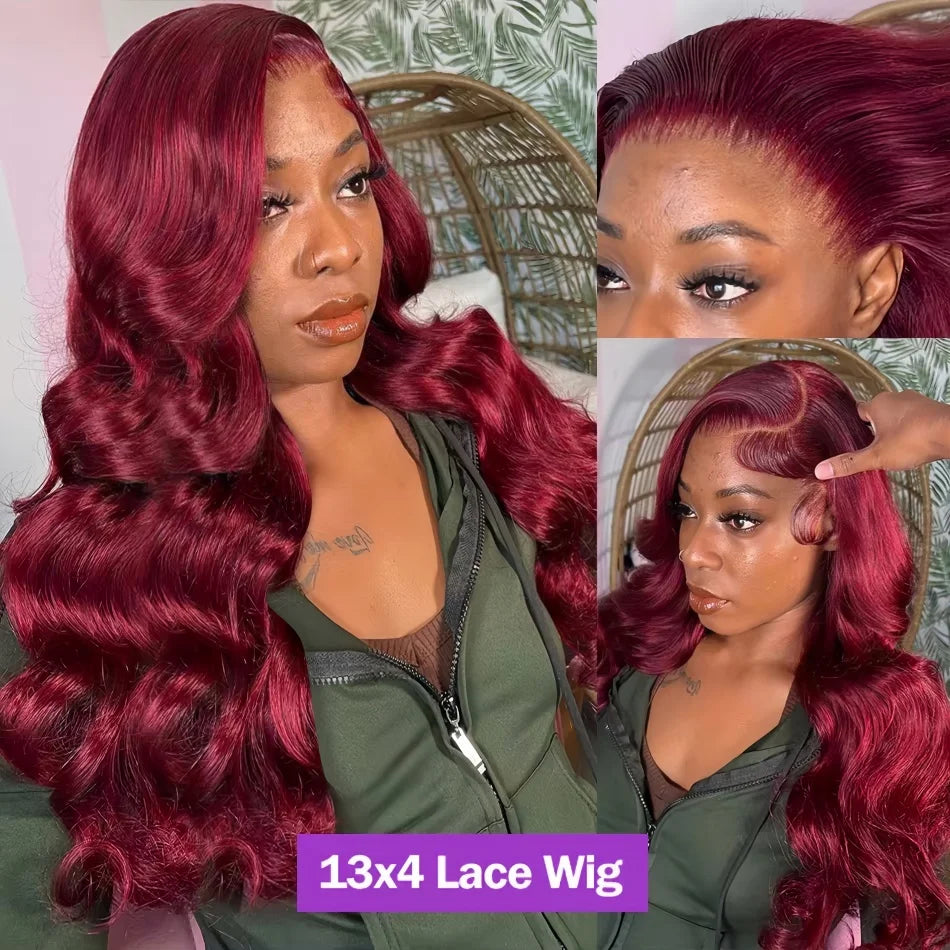 Burgundy Body Wave 99J 13x6 HD Lace Frontal Brazilian Pre-Plucked Colored Wig 13x4 HD Lace Red Remy Human Hair Wig for Women