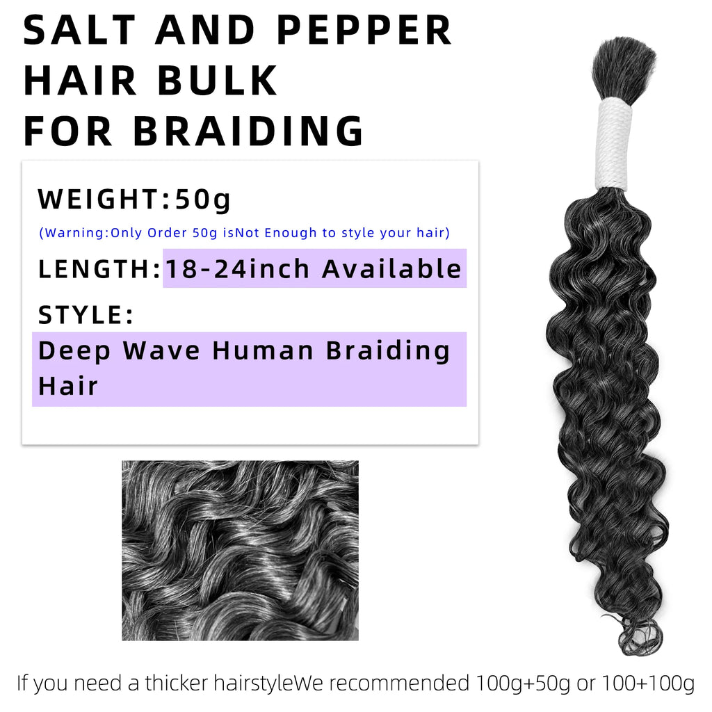 Deep Wave human hair bundle no weft bundle female hair extension 3 strands Gray human hair for real human hair braid