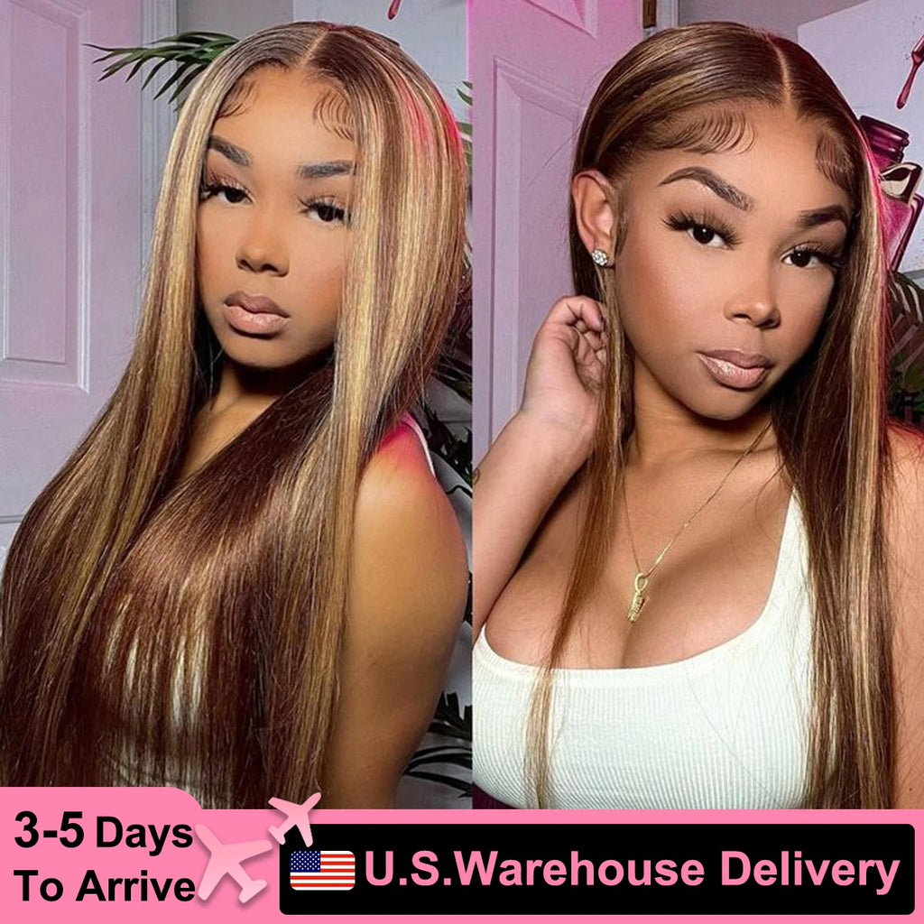 30 32 Inch 4/27 Highlight Ombre 13x4 HD Lace Front Wig Bone Straight 13x6 Lace Frontal Human Hair Wigs 180% Density Preplucked