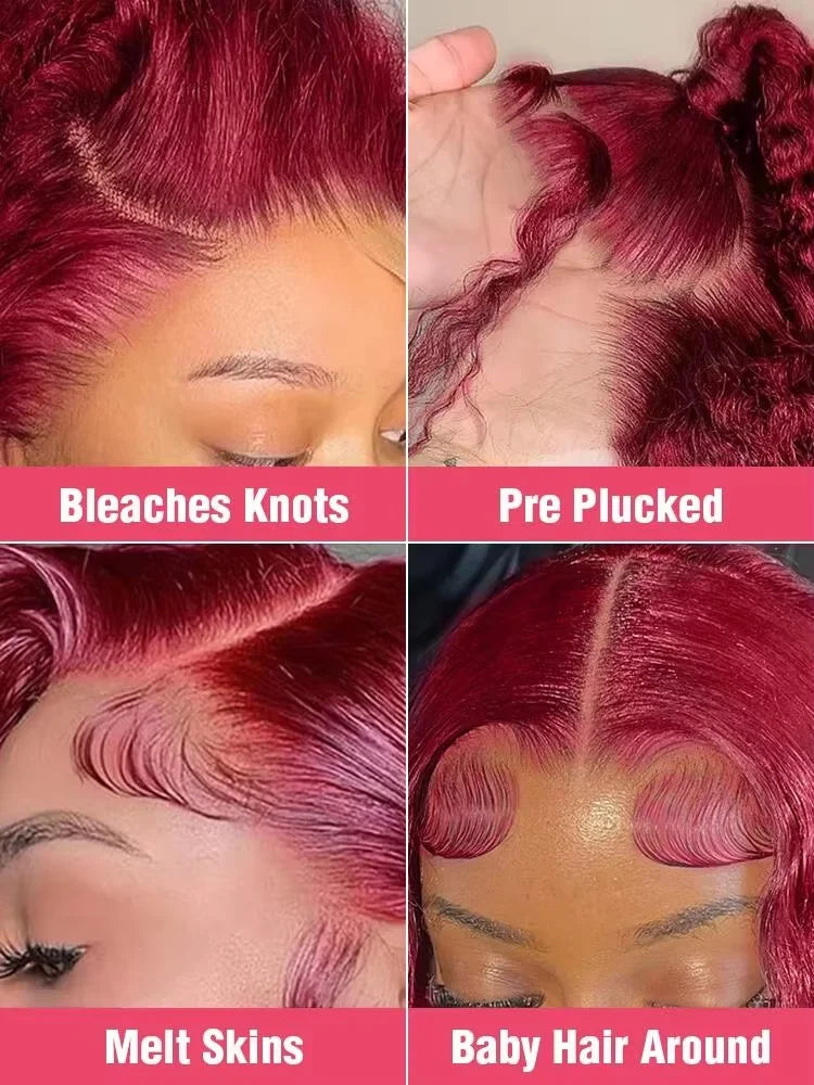 38 40Inch 99j Burgundy Lace Front Human Hair Wig 13x5 Pre Plucked Transparent Lace Body Wave 13x6 Hd Lace Frontal Wigs For Women