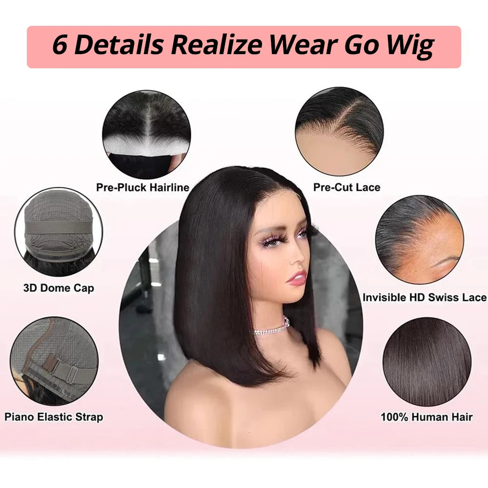 Glueless Straight Bob 7x5 Transparent Lace Wig 100% Human Hair Natural Black 13x4 Pre Cut HD Transparent Lace Closure Wig