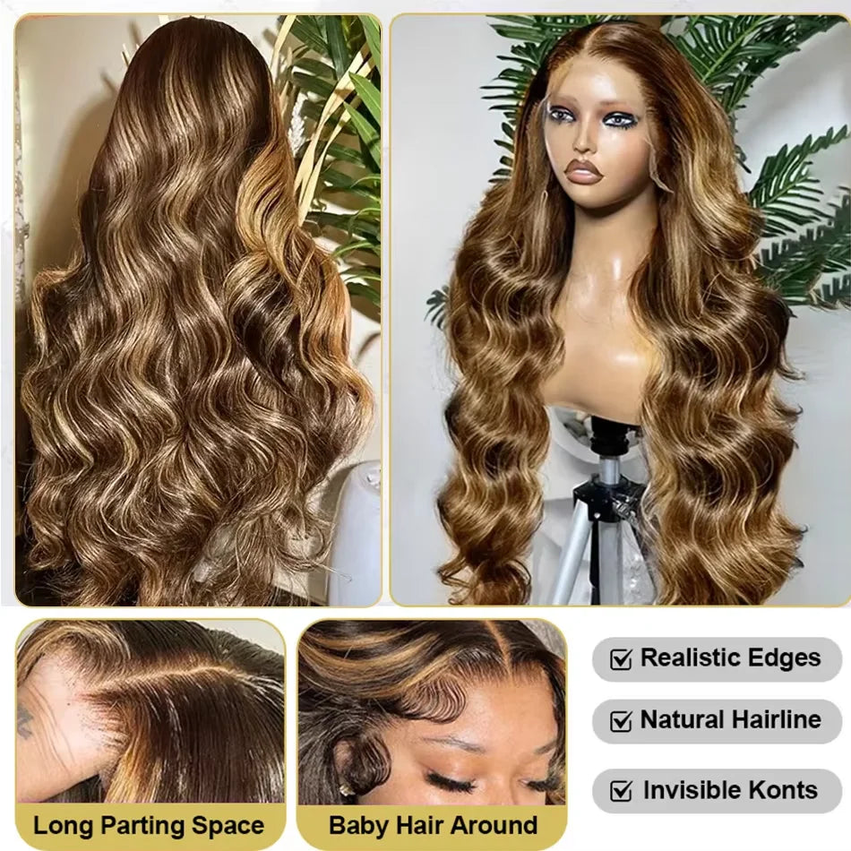 30 40 Inch 250 Density 4/27 Highlight Ombre Blonde Body Wave 13x4 Lace Front Wig Brown Color 13x6 HD Lace Frontal Human Hair Wig