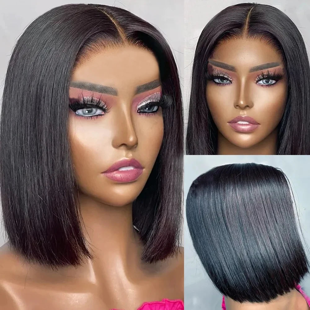 4x4 Short Bob Lace Front Glueless Human Hair Wigs Transparent Lace Closure Plucked Pre Cut 180% Density Short Bob Wigs For Women