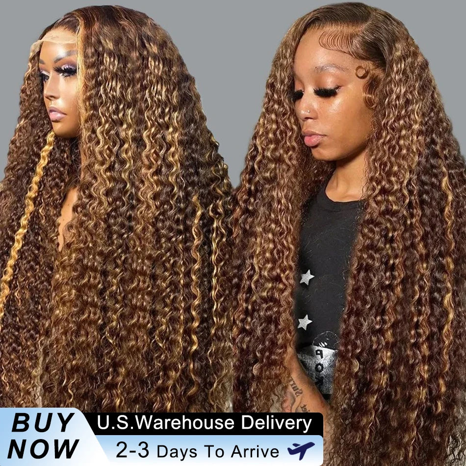 40 Inch Highlight Deep Wave Wigs Human Hair 250Density 13x6 HD Lace Front Wig 4/27 Brown Ombre Colored Brazilian Pre Plucked Wig