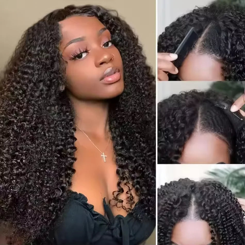 200 Density Kinky Curly Wigs V Part Human Hair No Leave Out Upgrade Deep Wave Curly V Shape Wig 100% No Glue Clip In Half Wigs