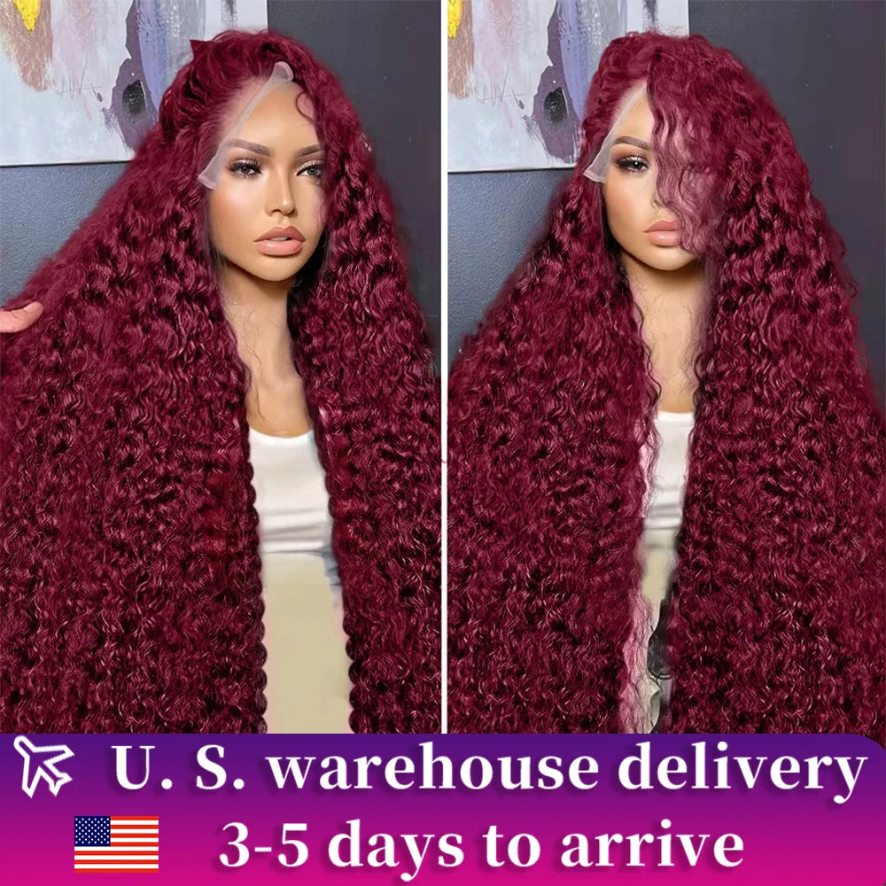 Luckathy 99J Burgundy Deep Wave 180 Density 13x6 Lace Front Wig Curly Red Colored 13x4 HD Lace Frontal Human Hair Wigs For Woman