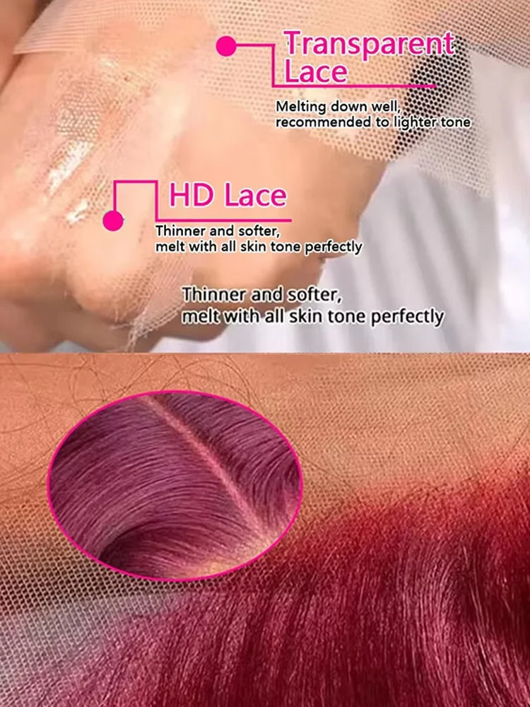 38 40Inch 13x4 99j Burgundy Lace Front Human Hair Wig Pre Plucked Transparent Lace Body Wave 13x6 Hd Lace Frontal Wigs For Women