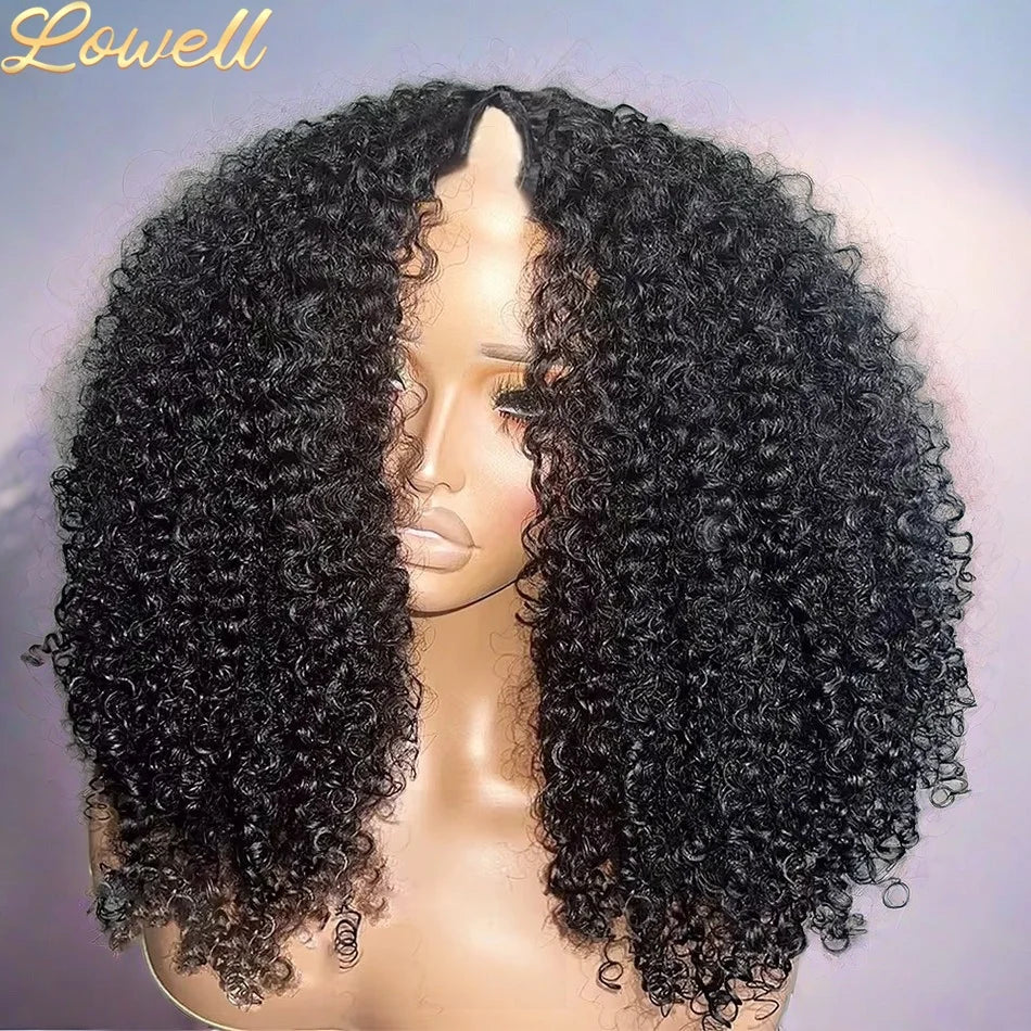 200 Density Kinky Curly Wigs V Part Human Hair No Leave Out Upgrade Deep Wave Curly V Shape Wig 100% No Glue Clip In Half Wigs
