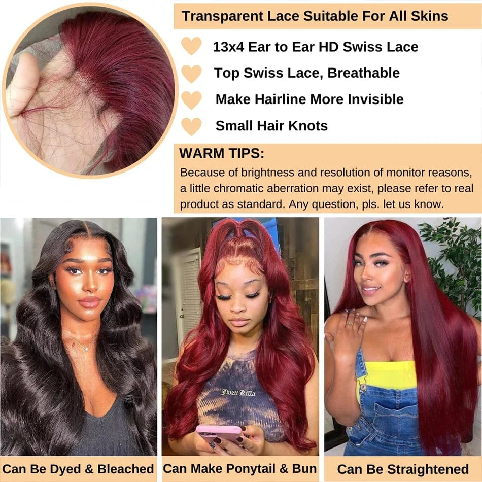 99J Burgundy Body Wave 7x5 Closure Lace Glueless Wig 100% human hair 30 Inch Burgundy 13x4 HD Lace Frontal Human Hair Wig