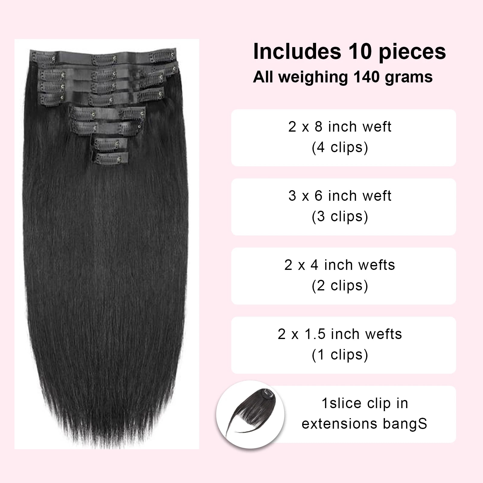 16A Straight Clip Ins Hair Extensions Human Hair 22 Inch Brazilian Remy Natural Human Hair 140G 10 Pcs/Set Full Head For Women