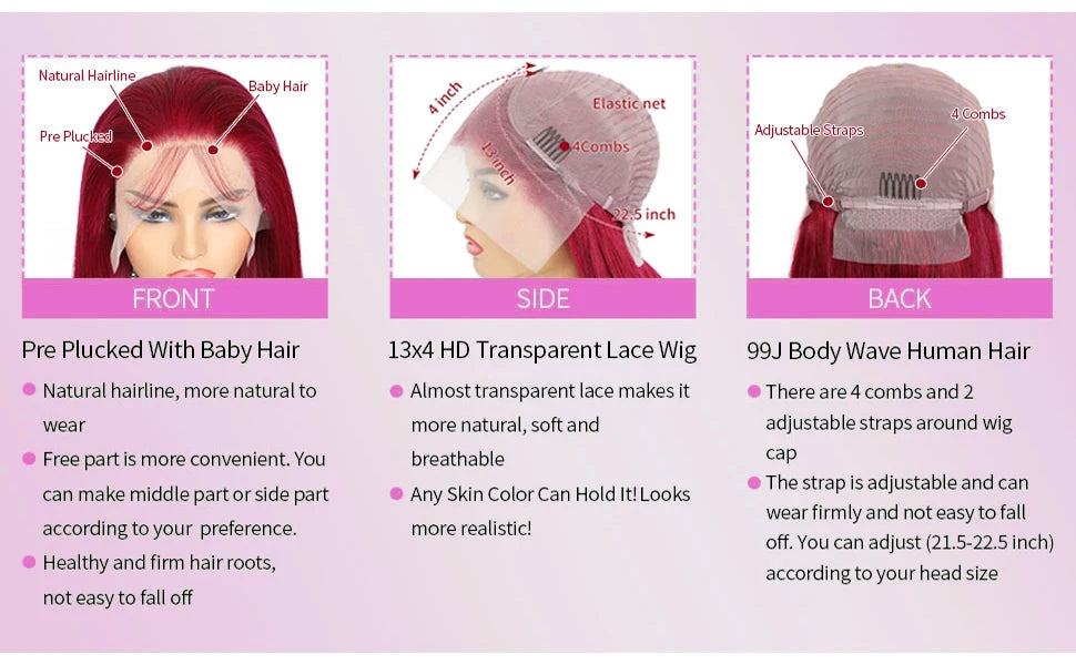 220 Density 99J Burgundy Human Hair Wig Colored Hd Lace Front Wig 13x6 Body Wave Lace Frontal Wigs 13x4 Pre Plucked Human Hair