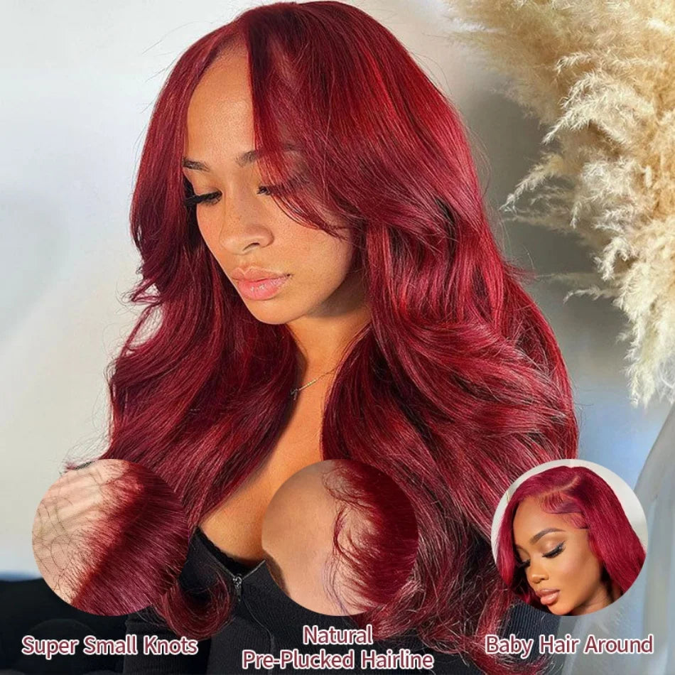 Burgundy Body Wave 99J 13x6 HD Lace Frontal Brazilian Pre-Plucked Colored Wig 13x4 HD Lace Red Remy Human Hair Wig for Women