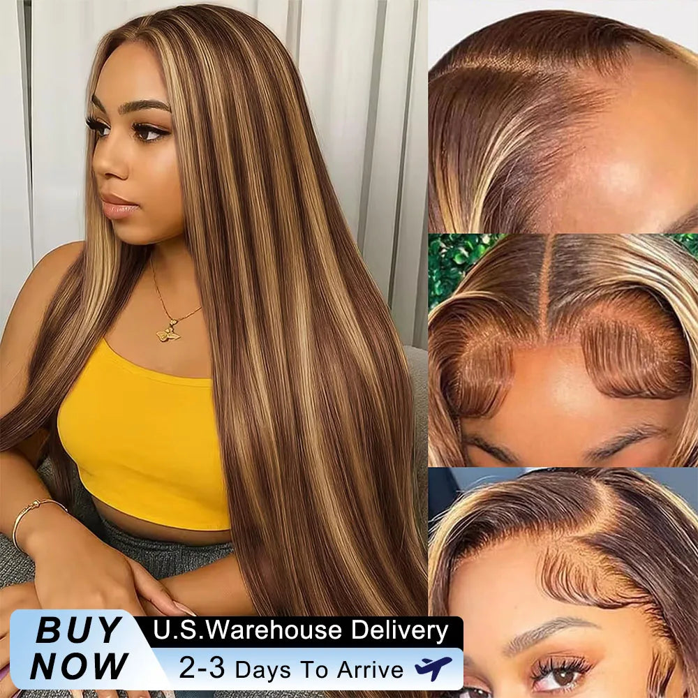 30 40 Inch Highlight Straight Human Hair Wig 250 Density HD Transparent Lace Frontal Wigs Brazilian Lace Front Human Hair Wig