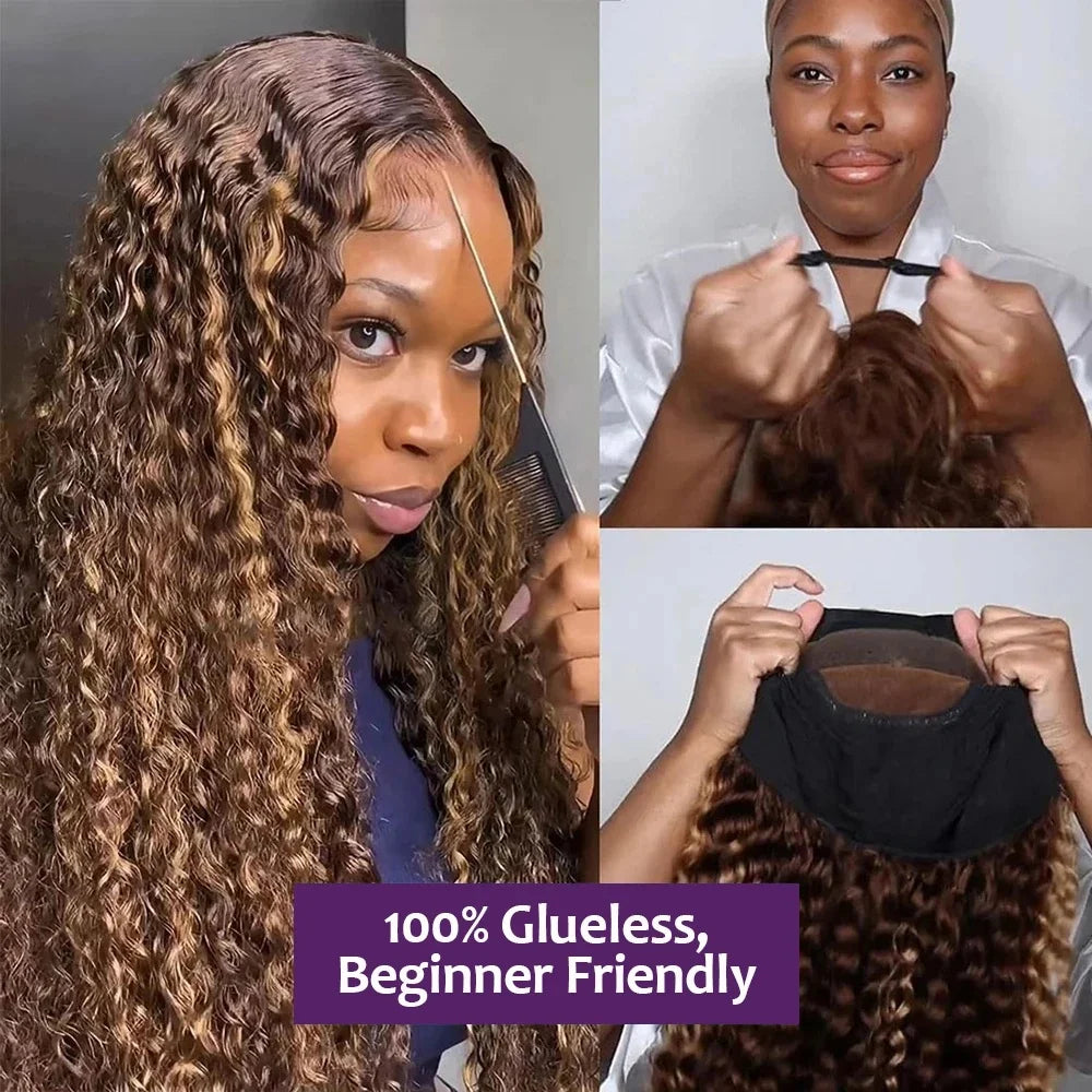 7x5 Glueless Curly Wig Ombre Brown Human Hair Honey Blonde Deep Wave Wig P4/27 Highlight HD Lace Front Wigs Human Hair 30 Inch