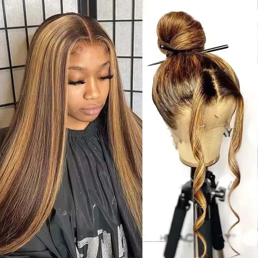 427 Colored Highlight Ombre Straight Human Hair Wigs 360 Full Hd Human Hair Transparent Lace Frontal Wigs Brazilian For Women