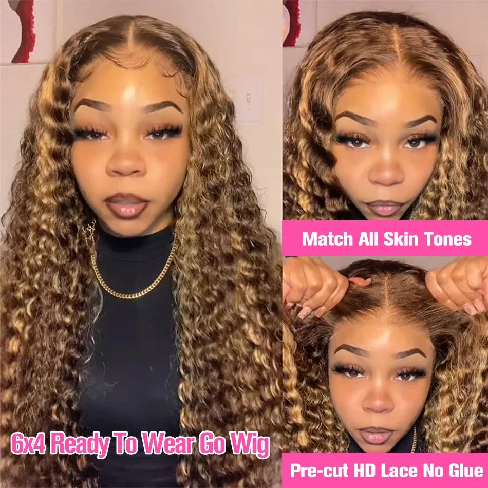 30 inch Highlight 13x6 Deep Wave HD Lace Front Wig Human Hair 4/27 Brown Ombre Human Hair wig Brazilian Pre Plucked Colored Wig
