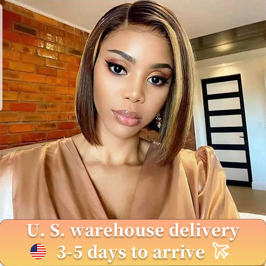 Highlight Short Bob Wig 13x4 Lace Front Human Hair Wigs Straight Ombre P4/27 Blonde Wig Peruvian Remy Hair 180% Density