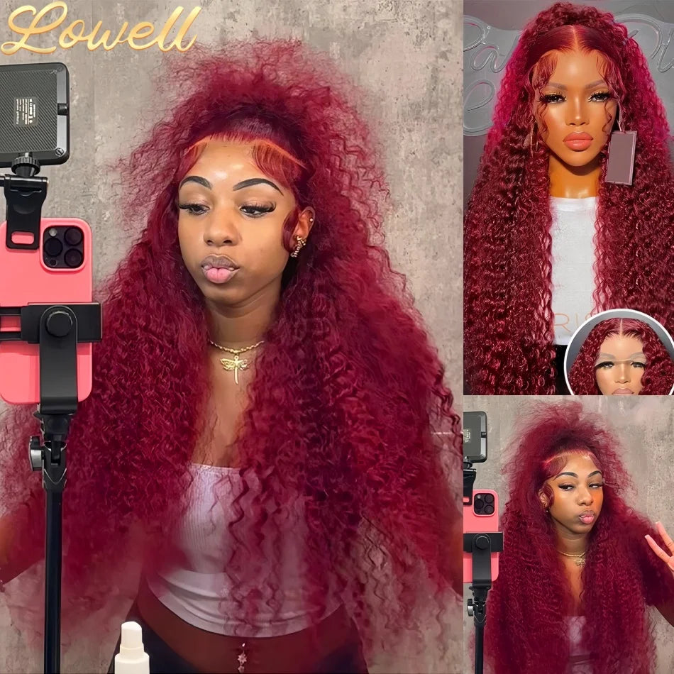 200 Density Burgundy 13x4 13x6 Hd Lace Frontal Red Remy Wig 100% Water Wave Curly Human Hair Pre Plucked Brazilian Colored Wigs