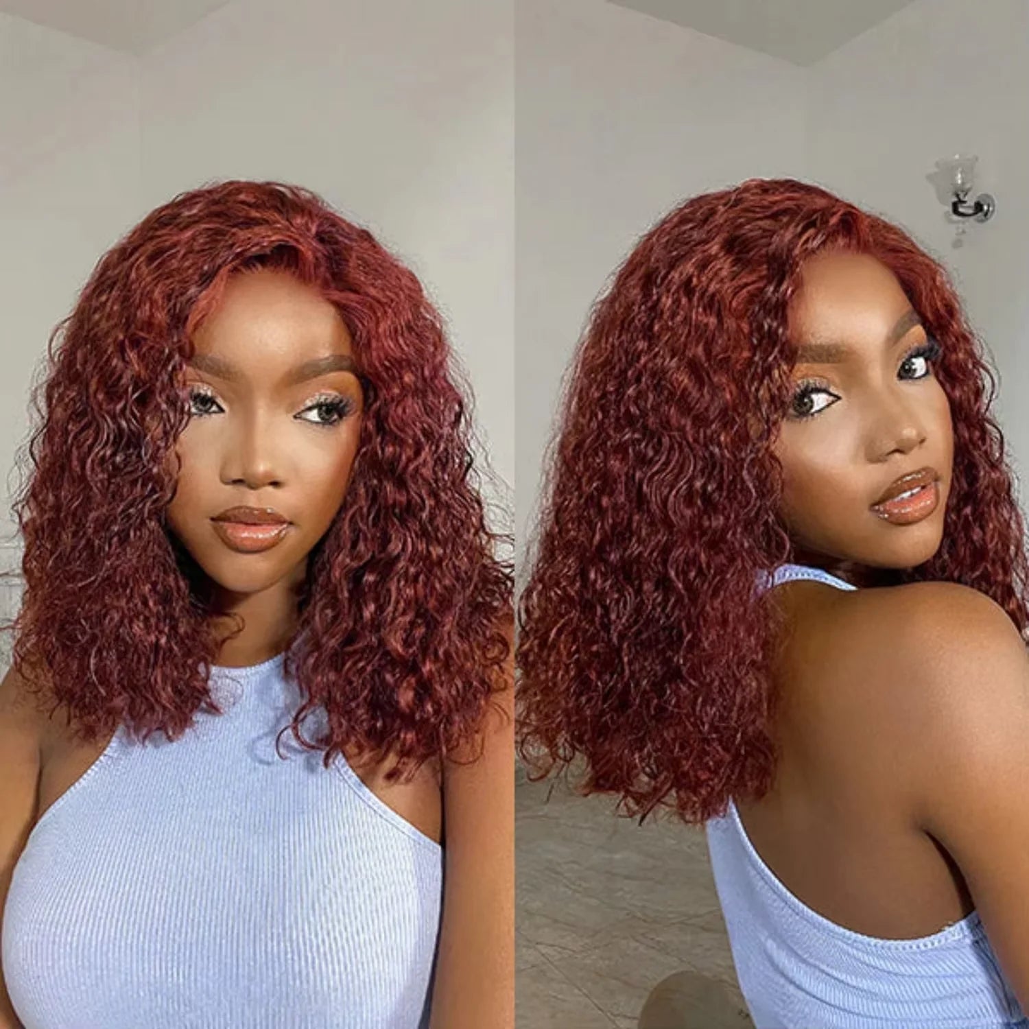 Reddish Brown Water Wave Lace Short Curly Wig Burgundy Red Remy Short Cut Bob Frontal Human Hair Wigs 100% Real Human Hair