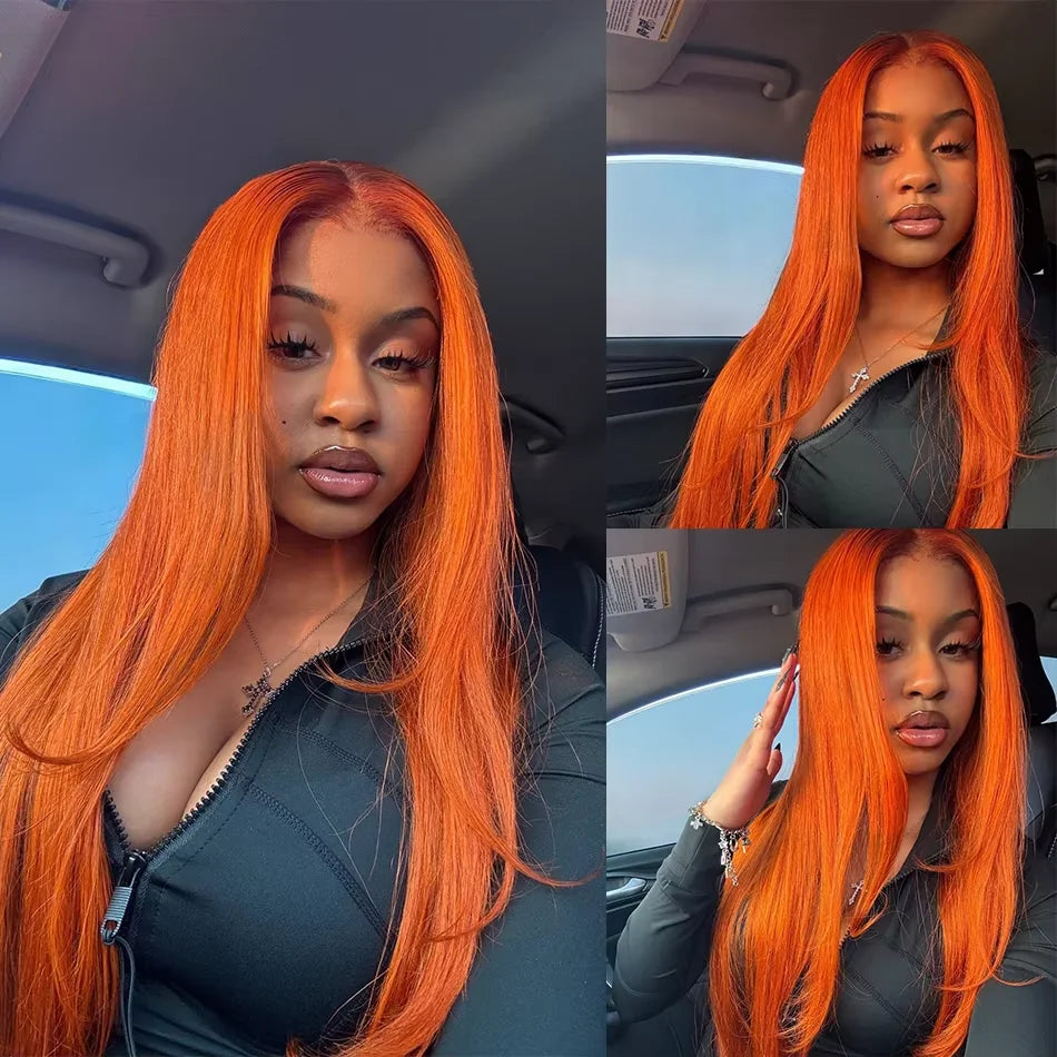Orange Ginger Lace Frontal Wig 200 Density Bone Straight Lace Front Wig 13x4 13x6 Lace 100% Brazilian Colored Ginger Human Hair
