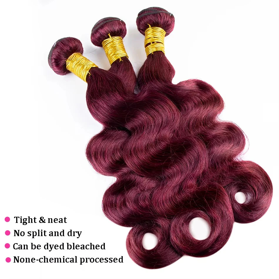 14A Burgundy Hair Bundles #99J Body Wave Bundles Red Colored Human Hair Bundles 1/3/4 PCS Brazilian Virgin Hair Weave Extension
