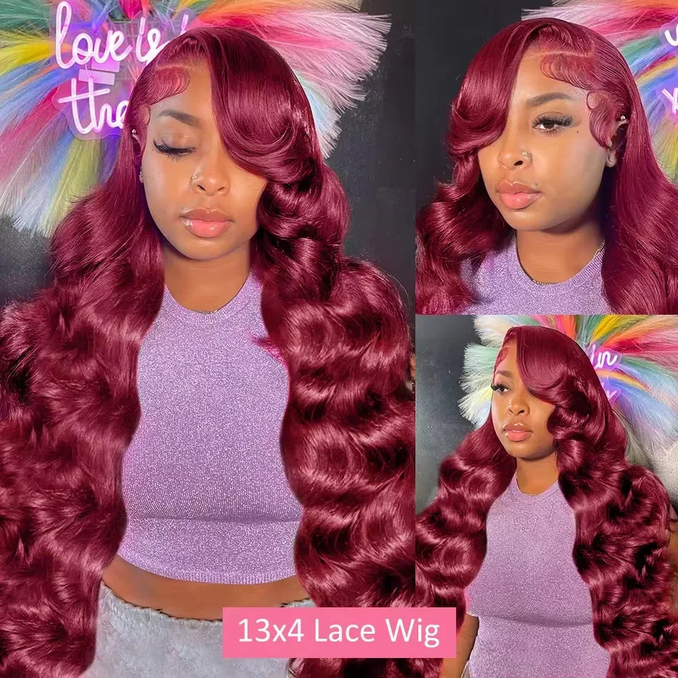 38 40Inch 13x4 99j Burgundy Lace Front Human Hair Wig Pre Plucked Transparent Lace Body Wave 13x6 Hd Lace Frontal Wigs For Women
