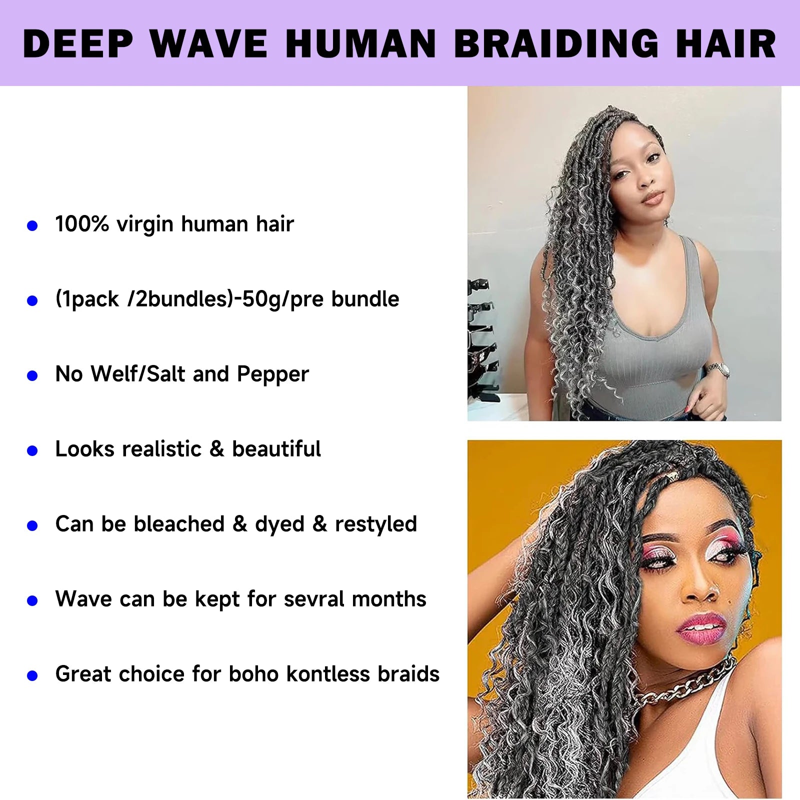 Deep Wave human hair bundle no weft bundle female hair extension 3 strands Gray human hair for real human hair braid