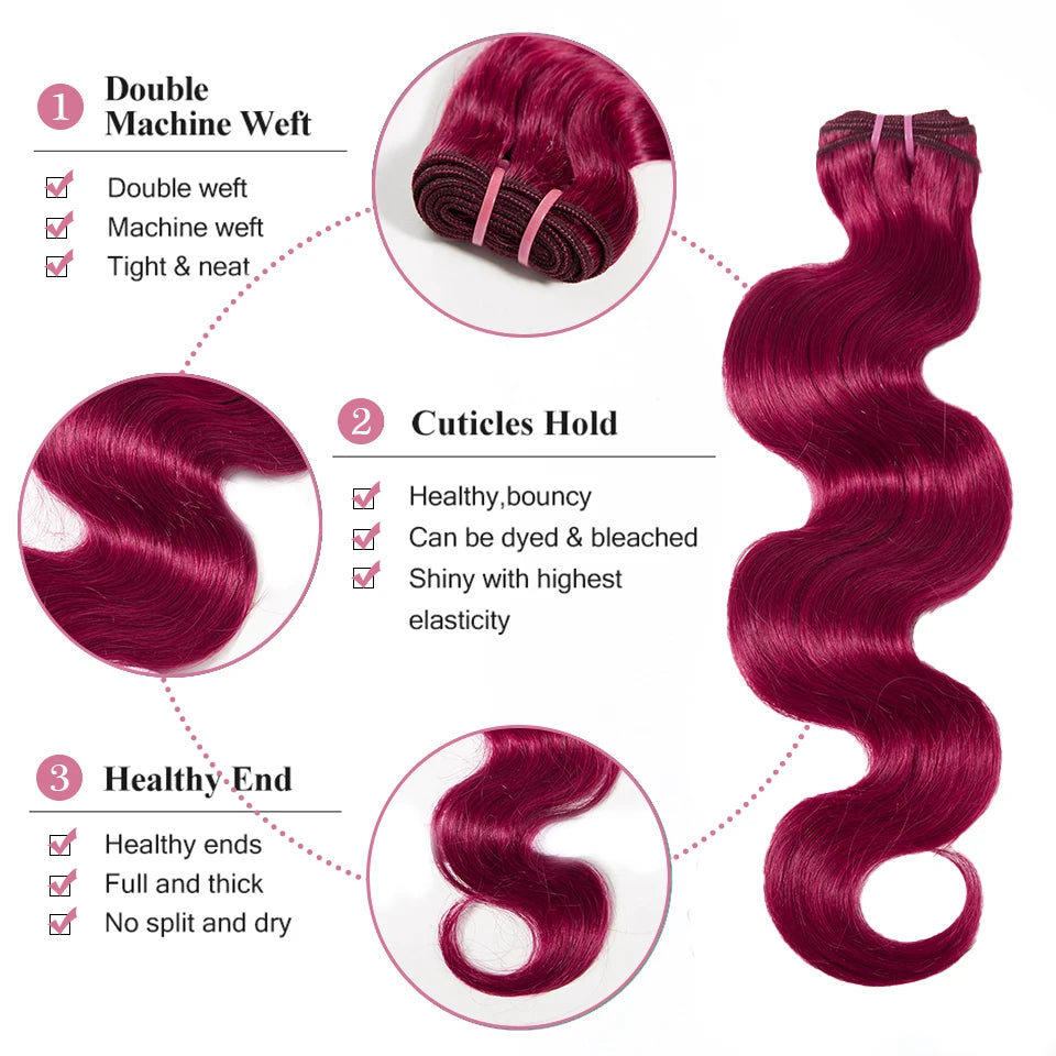 #99J Human Hair 13x4 Lace Front With 18 20 22Inch Bundles Brazilian Hair 3 Bundles With Frontal Body Wave Bundles Burgundy