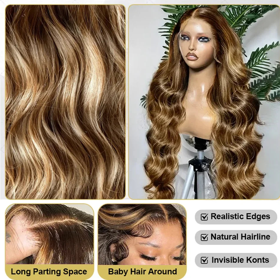 30 40 Inch 250 Density 4/27 Highlight Ombre Blonde Body Wave 13x4 Lace Front Wig Brown Color 13x6 HD Lace Frontal Human Hair Wig