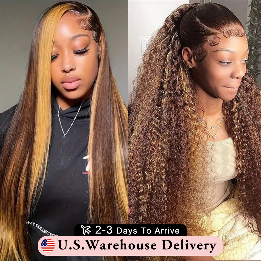 40Inch Highlight Wig Human Hair 4/27 Curly Lace Frontal Wigs 13x6 HD Transparent Lace Frontal Brown Ombre Colored Wig For Women