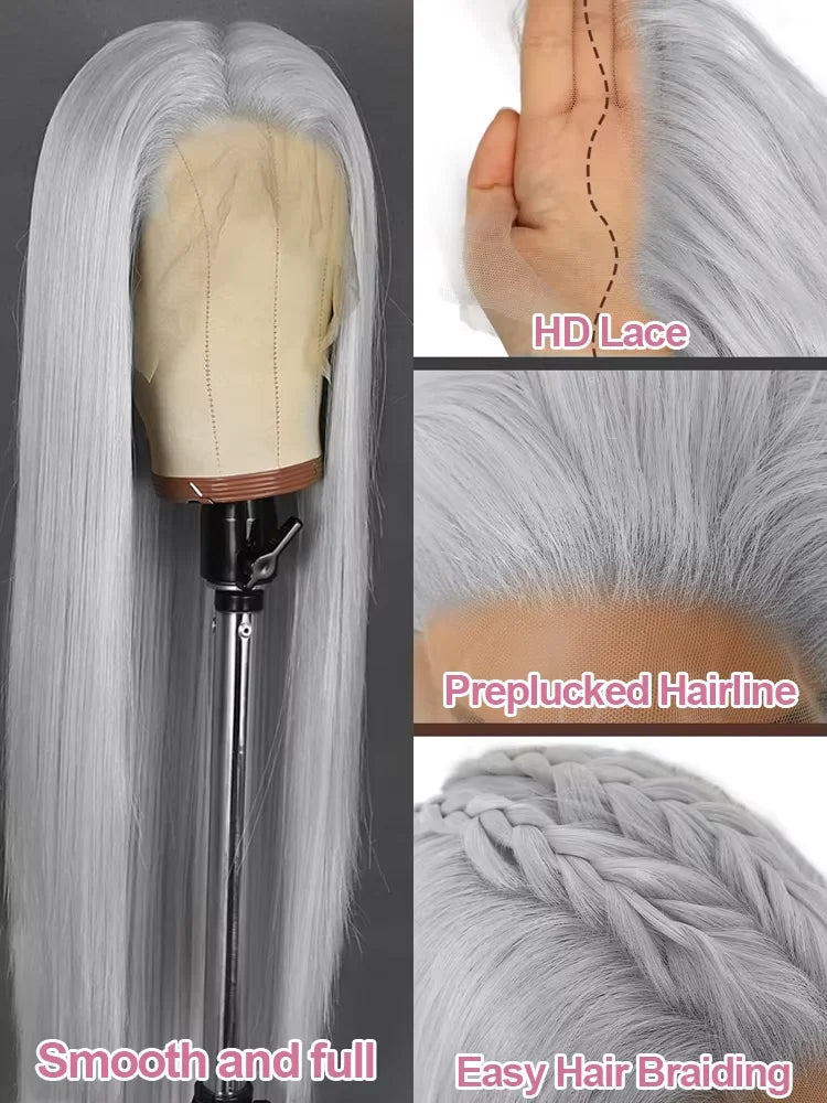 30 36 Inch Silver Grey Straight Lace Front Wig 100% Human Hair Colored HD Transparent Lace Frontal Wigs for Women Pre Plucked