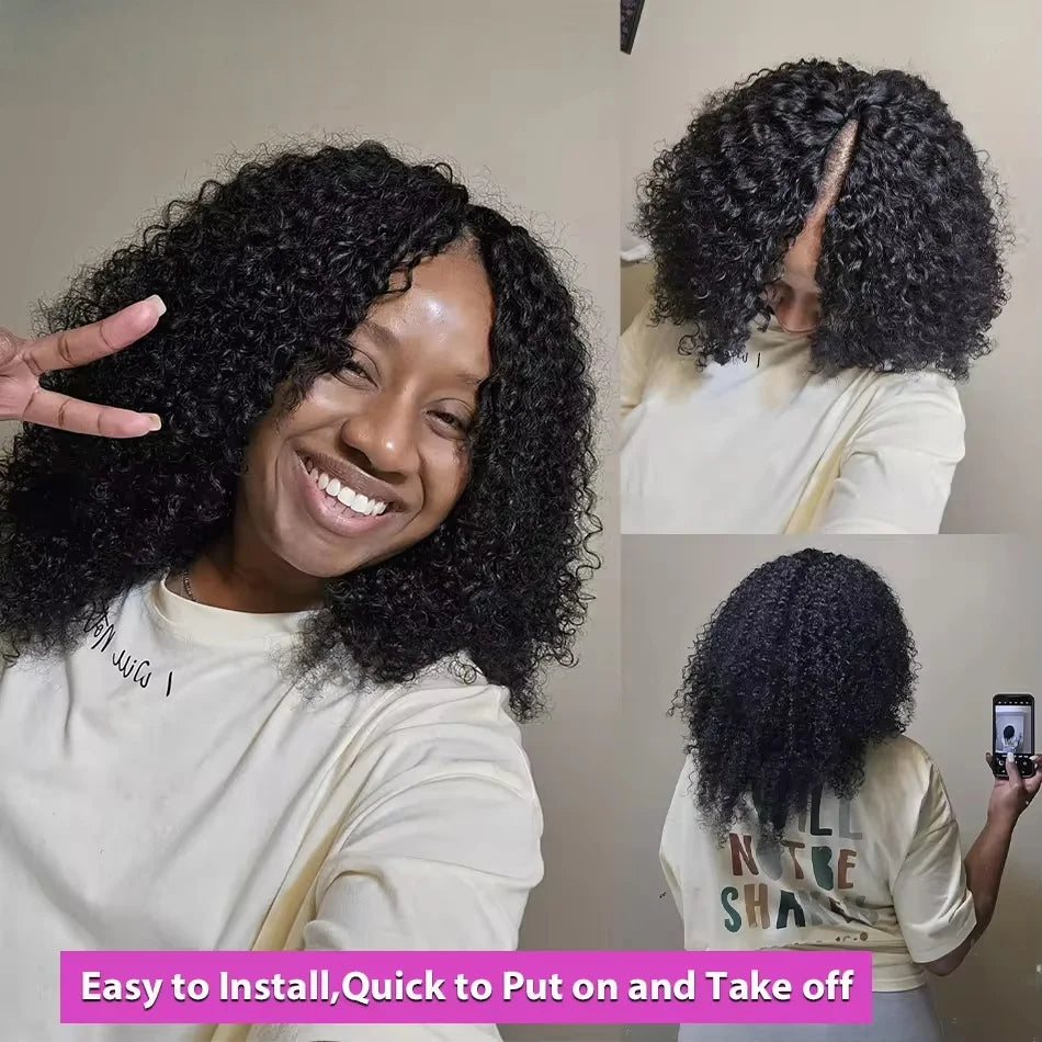 200 Density Kinky Curly Wigs V Part Human Hair No Leave Out Upgrade Deep Wave Curly V Shape Wig 100% No Glue Clip In Half Wigs
