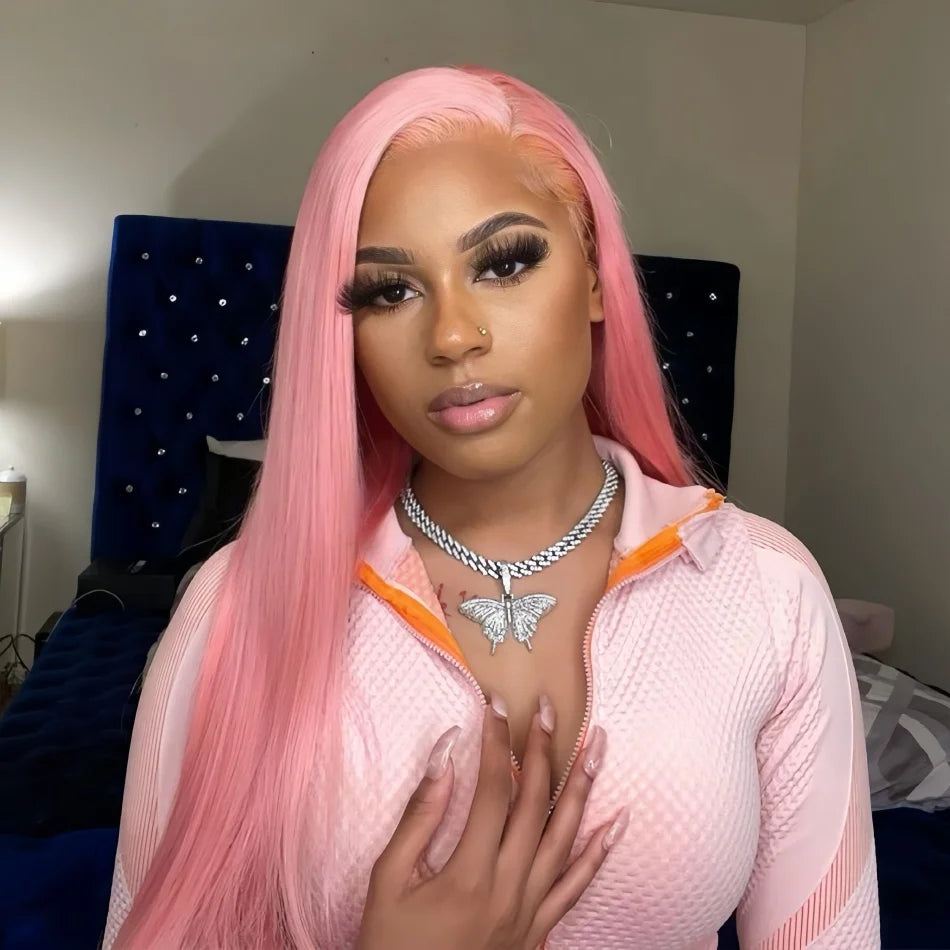 Light Pink 13X6 Straight HD Transparent Lace Frontal Wig 36 Inch 13X4 Long Brazilian 100% Colored Human Hair Wig for Black Women