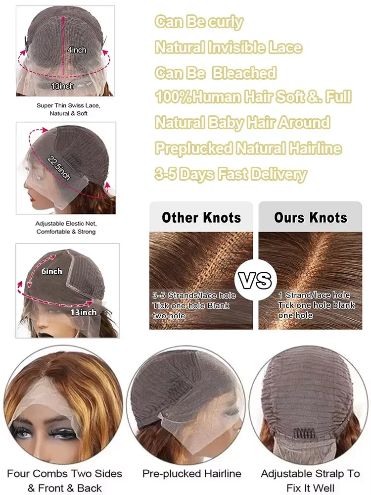 30 40 Inch 250 Density 4/27 Highlight Ombre Blonde Body Wave 13x4 Lace Front Wig Brown Color 13x6 HD Lace Frontal Human Hair Wig