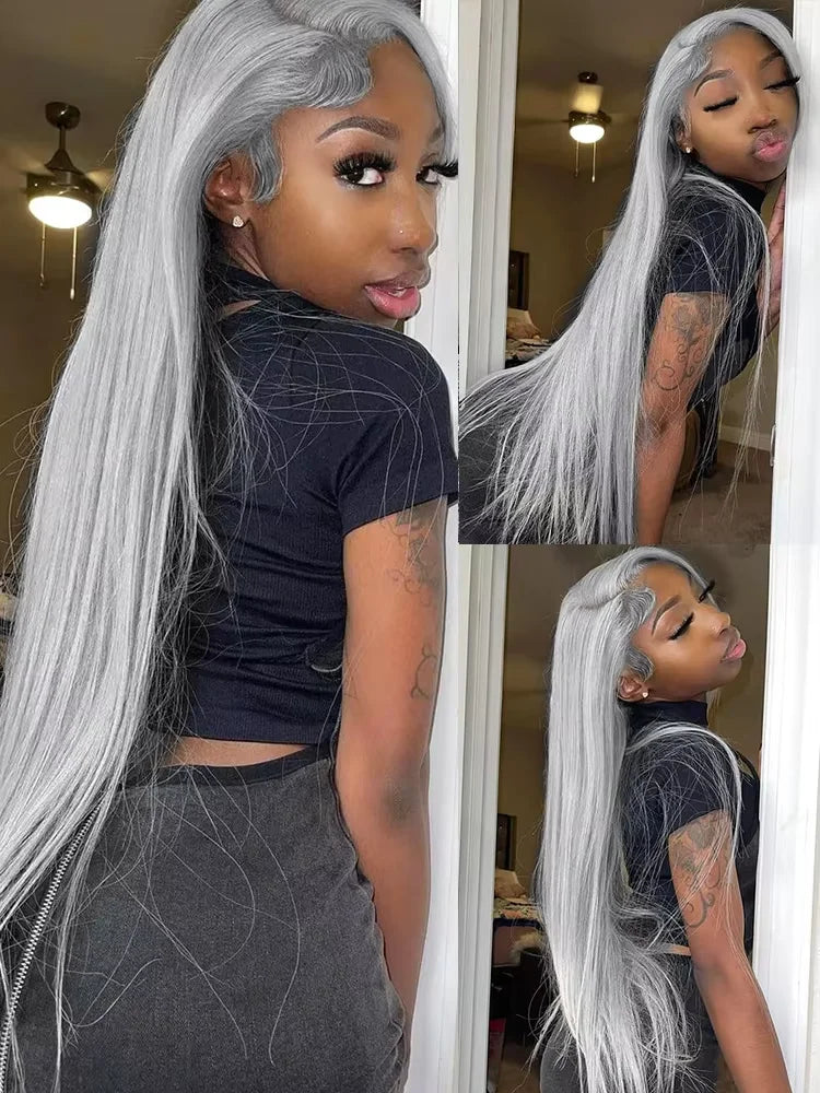 30 36 Inch Silver Grey Straight Lace Front Wig 100% Human Hair Colored HD Transparent Lace Frontal Wigs for Women Pre Plucked