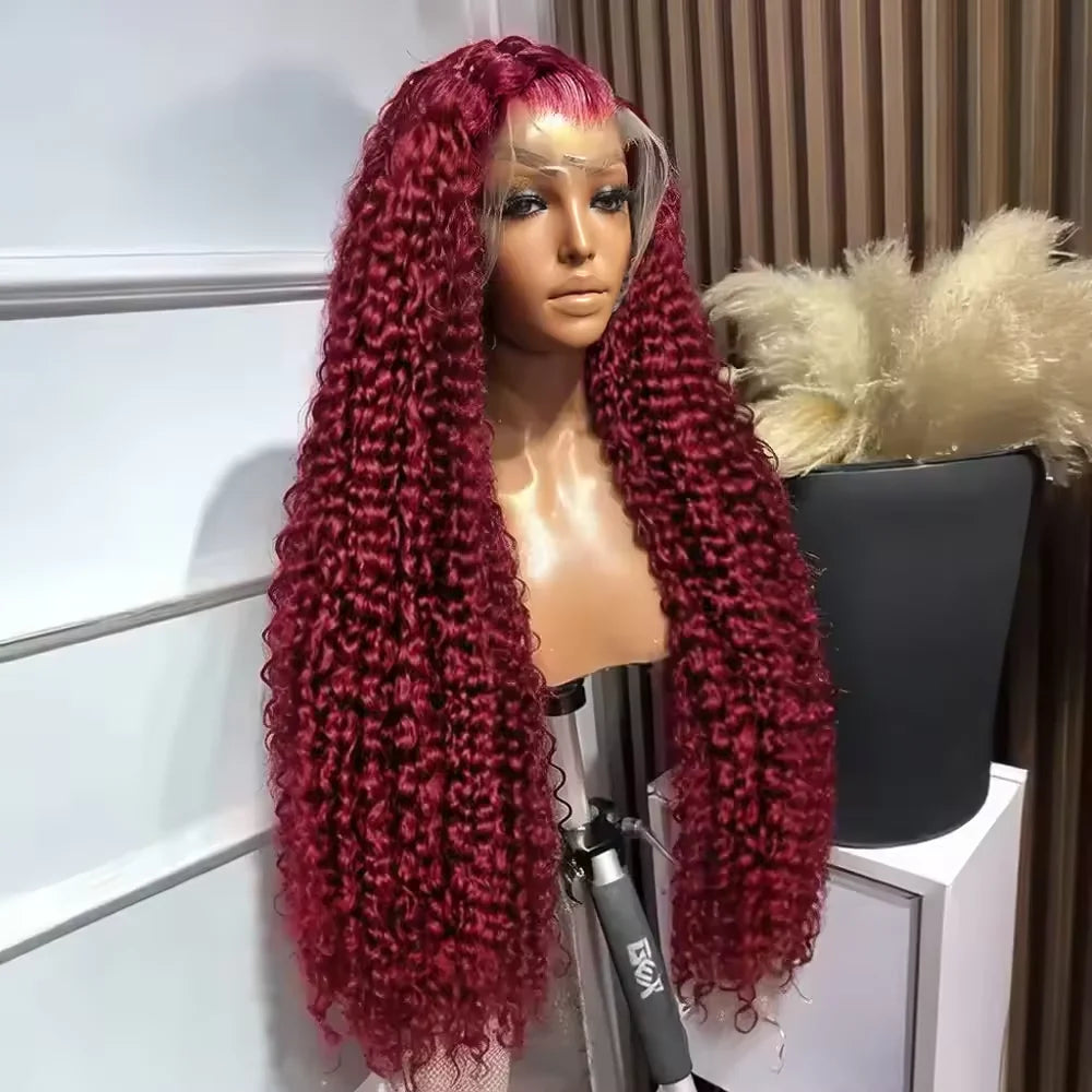 Luckathy Burgundy Curly 13x6 HD Lace Frontal Wigs Human Hair 13x5 Wet And Wavy 99J Red Colored Deep Wave Wig For Women 30 36 Inc